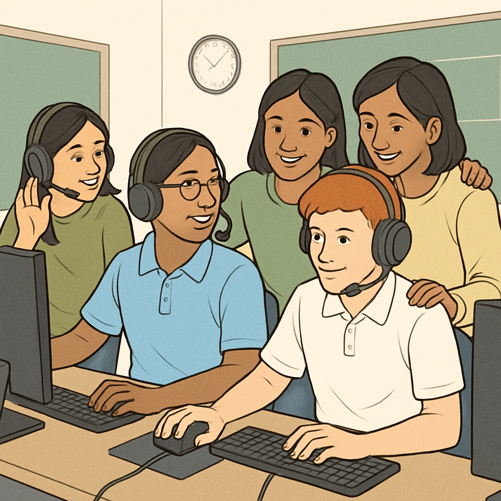 A diverse group of students participating in an esports competition, embodying teamwork and collaboration in an educational setting. Students participating in an esports competition, showcasing esports education and gamified learning.