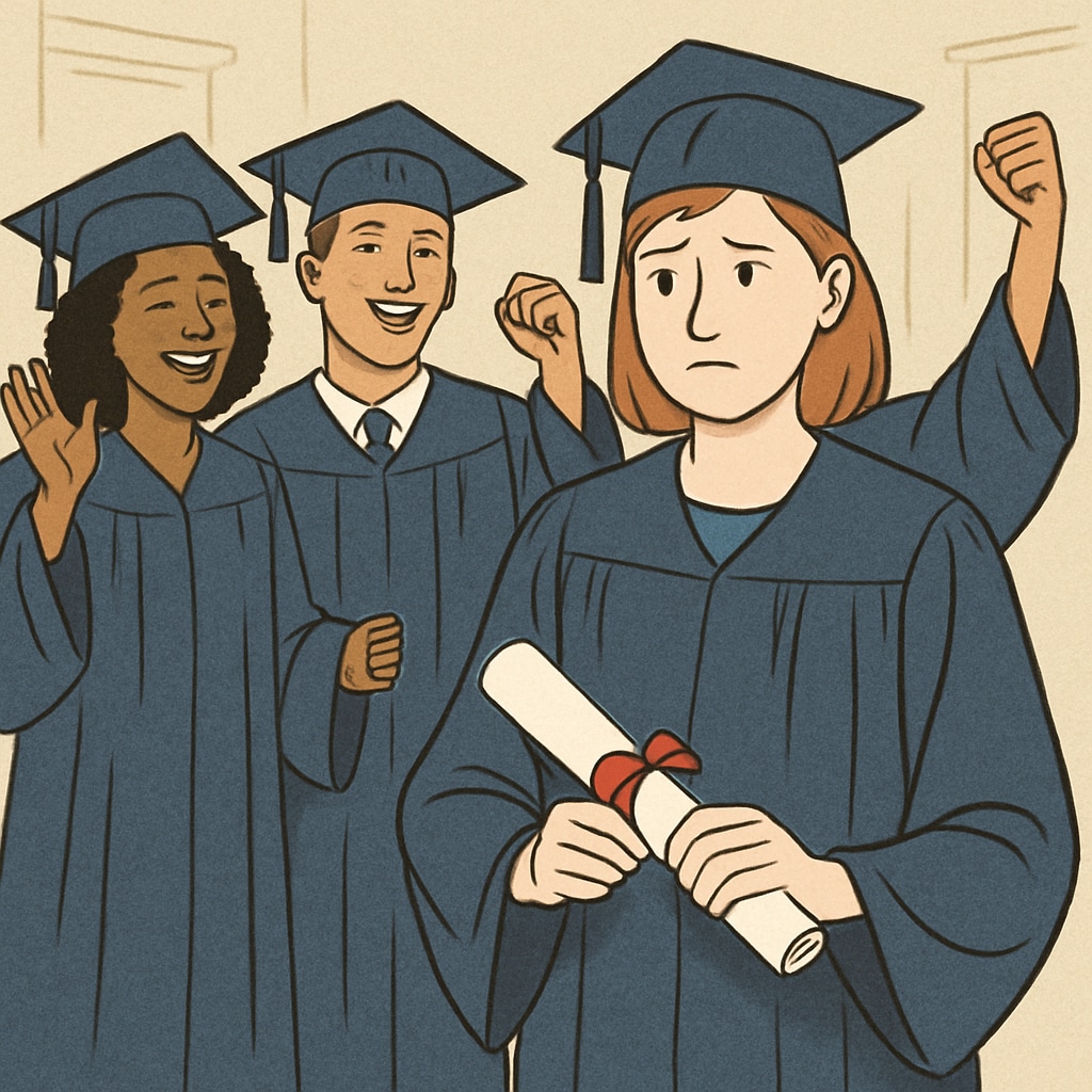 A group of graduates in caps and gowns, with one student looking uncertain while holding their diploma. Graduate feeling uncertain about their academic choices.