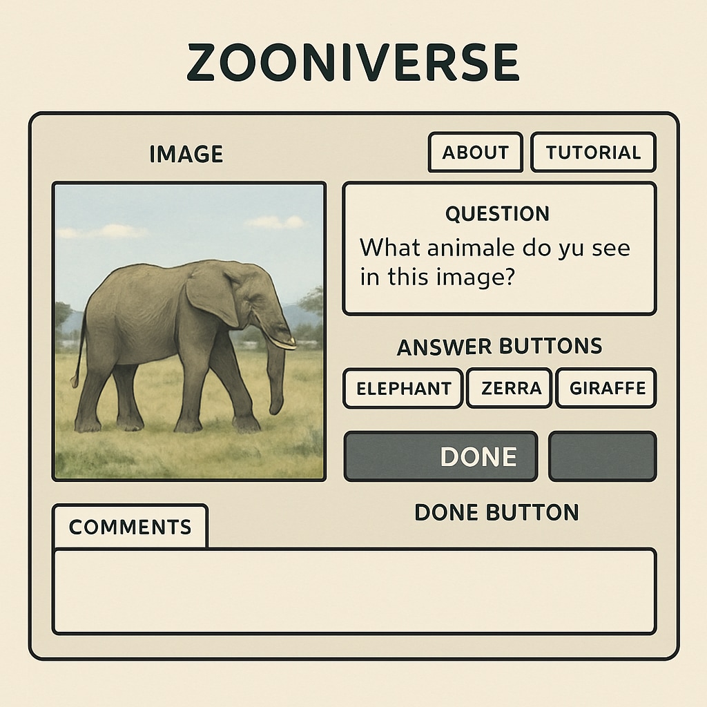 A screenshot of the Zooniverse project interface, showing an example of a citizen science task. Screenshot of Zooniverse citizen science project interface.