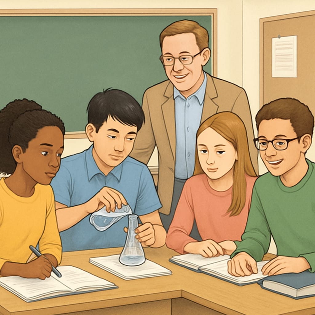 A classroom of diverse high school students working on a science experiment together, with a teacher providing guidance. Diverse high school students conducting a science experiment with teacher support.