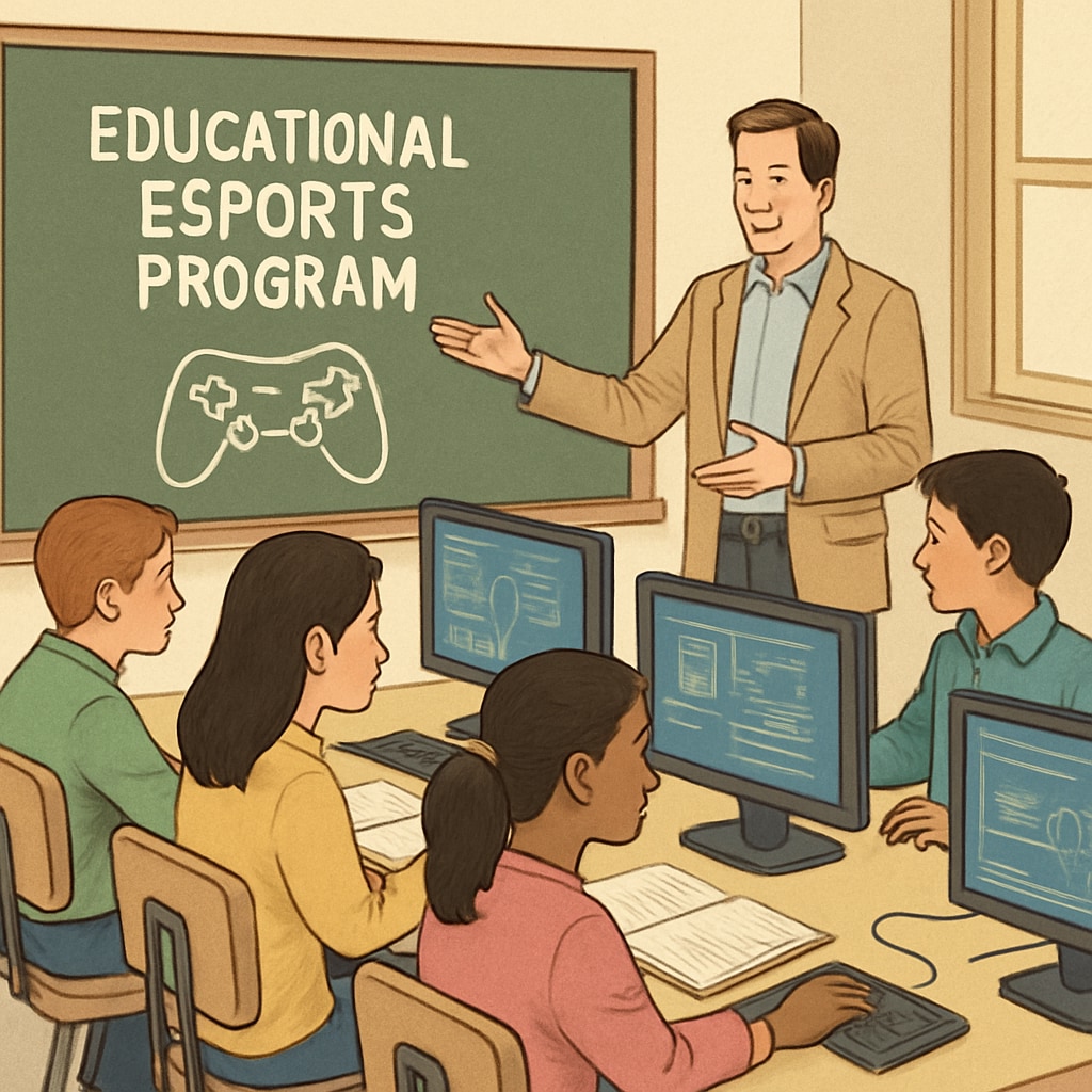 A teacher guiding students through an educational esports program, showcasing the integration of academic learning and gaming. Teacher guiding students in an esports education program, blending gaming with academics.