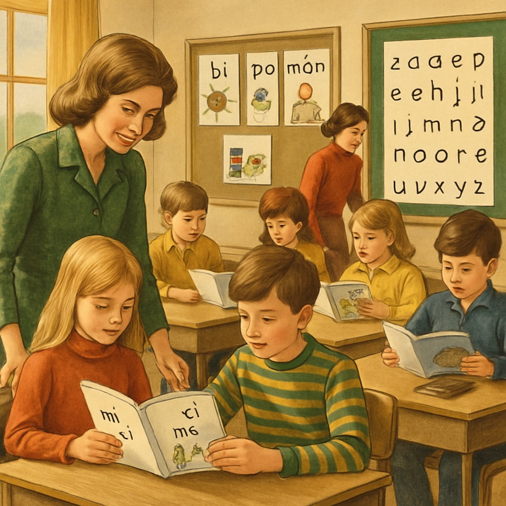 A black-and-white classroom photo from the 1970s showing children learning with ITA materials. The image conveys the historical context and the classroom environment during the ITA era. Classroom from the 1970s with children using ITA teaching materials