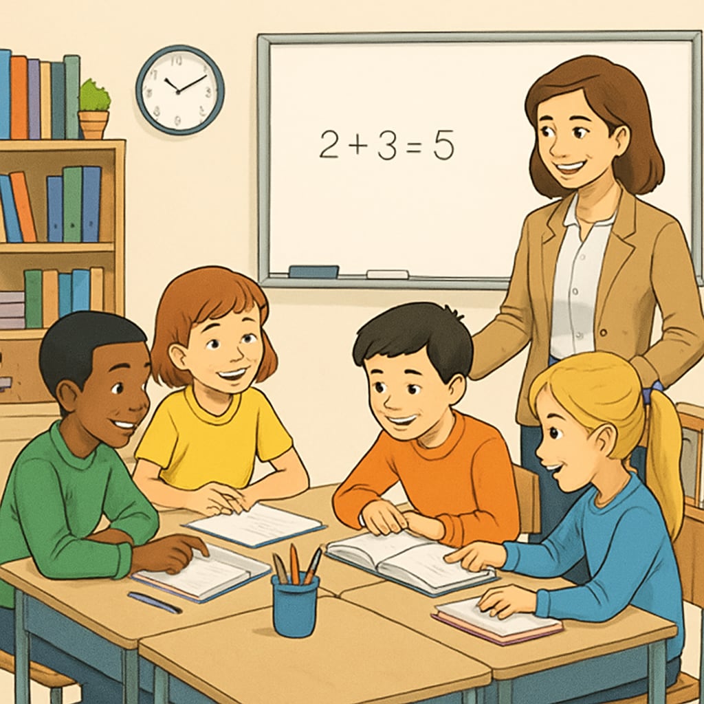 A cheerful classroom with students engaged in group activities under the guidance of a teacher. Public elementary school classroom showing engaged students and teacher interaction.