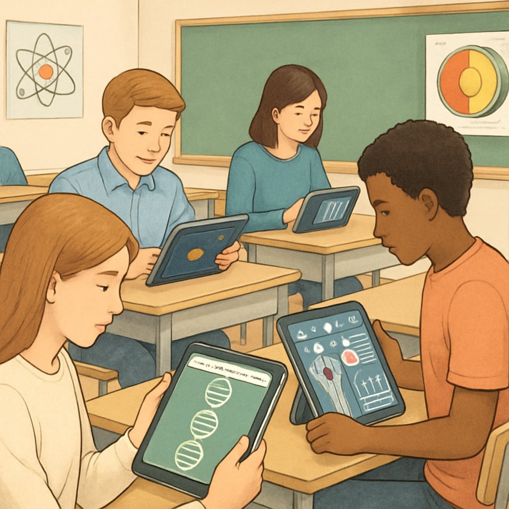 High school students using tablets and interactive science applications in a classroom setting, emphasizing technology integration for learning. Students using interactive science apps to enhance learning in a multilingual classroom.