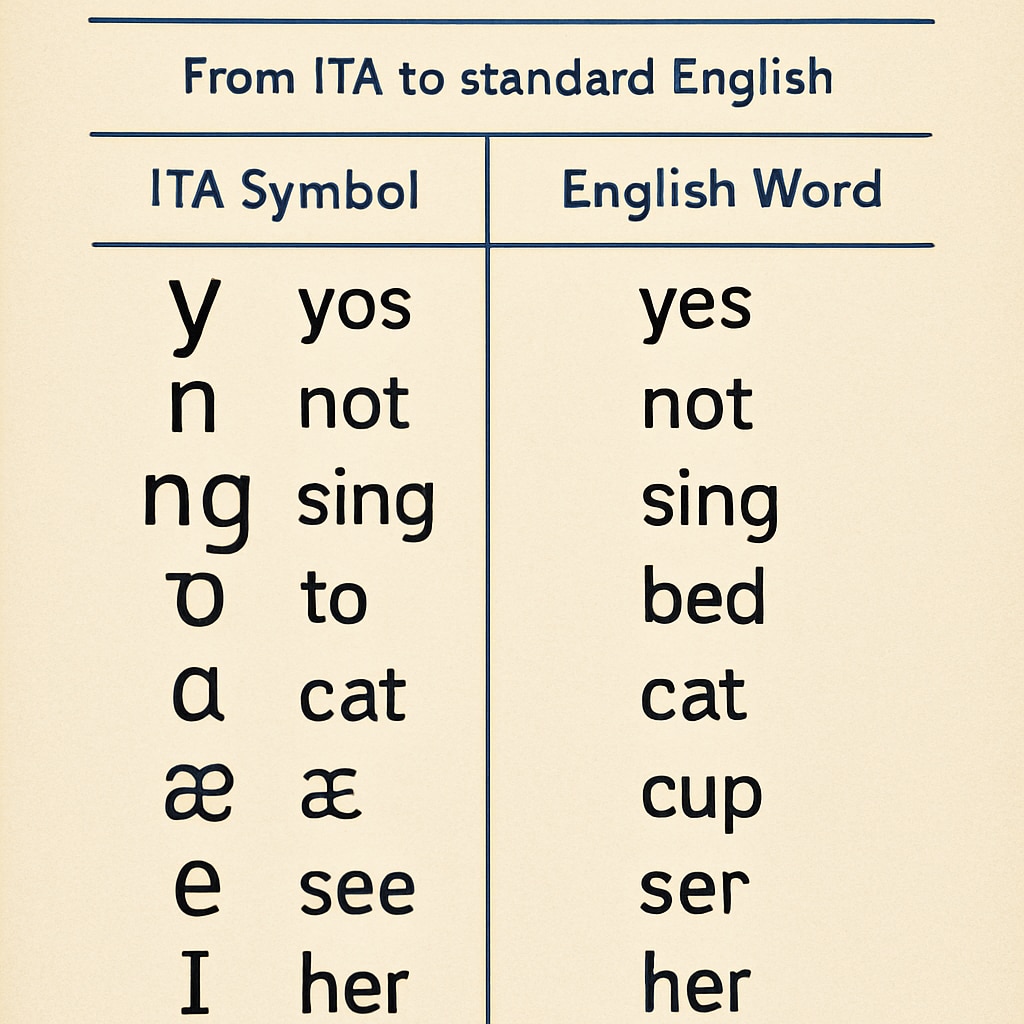 An example of an ITA textbook showing its unique phonetic symbols alongside traditional English words. This image illustrates the challenges of transitioning from ITA to standard English. ITA textbook with phonetic symbols and English words