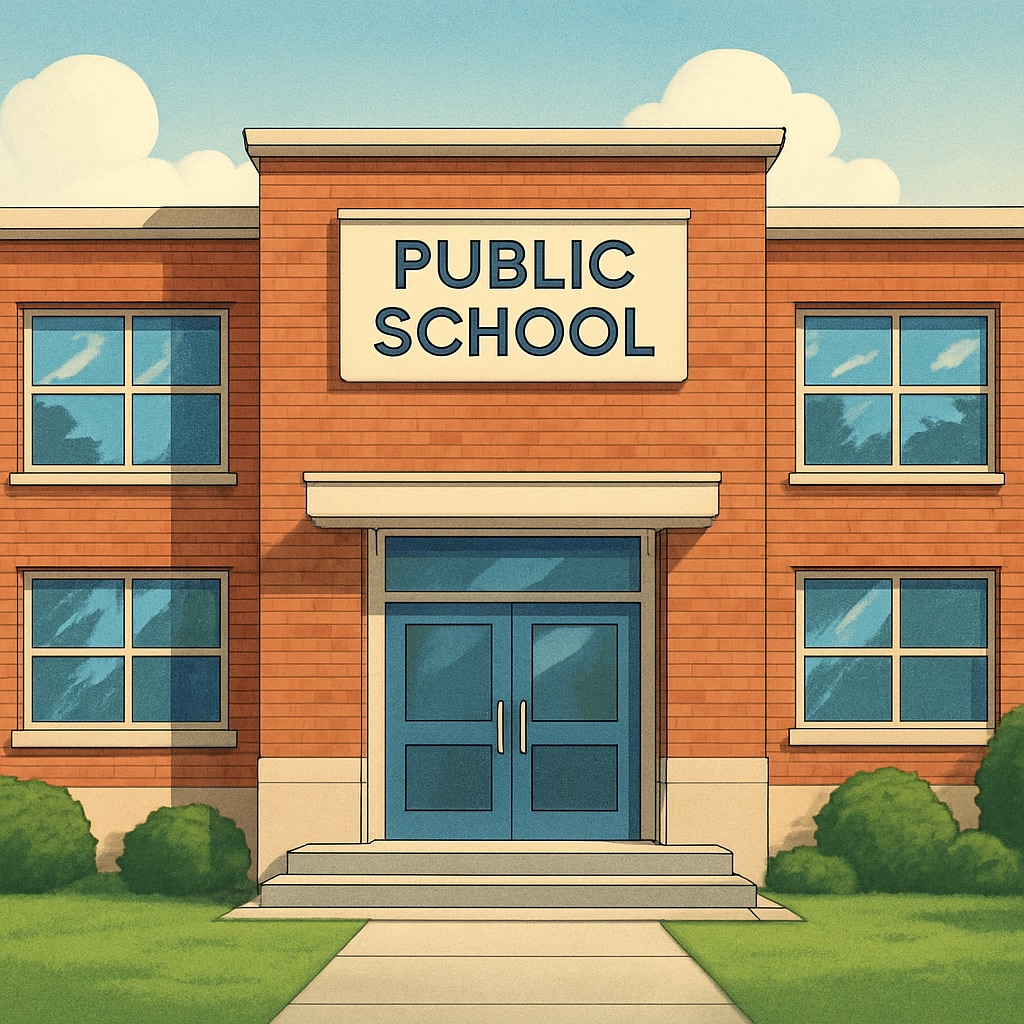 A public school building with visible signs of maintenance, modern facilities, and a welcoming entrance. Public school building with modern facilities reflecting quality education standards.