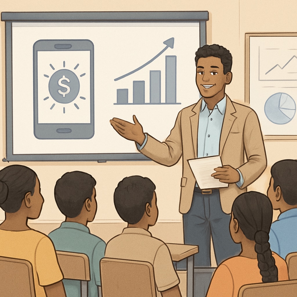 A young financial innovator showcasing a fintech idea in a developing nation.