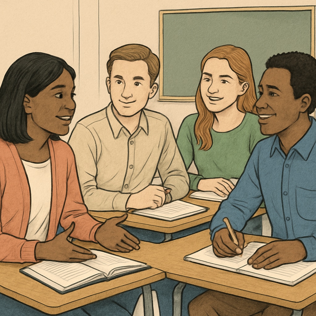 Students discussing their return to education in a classroom setting.