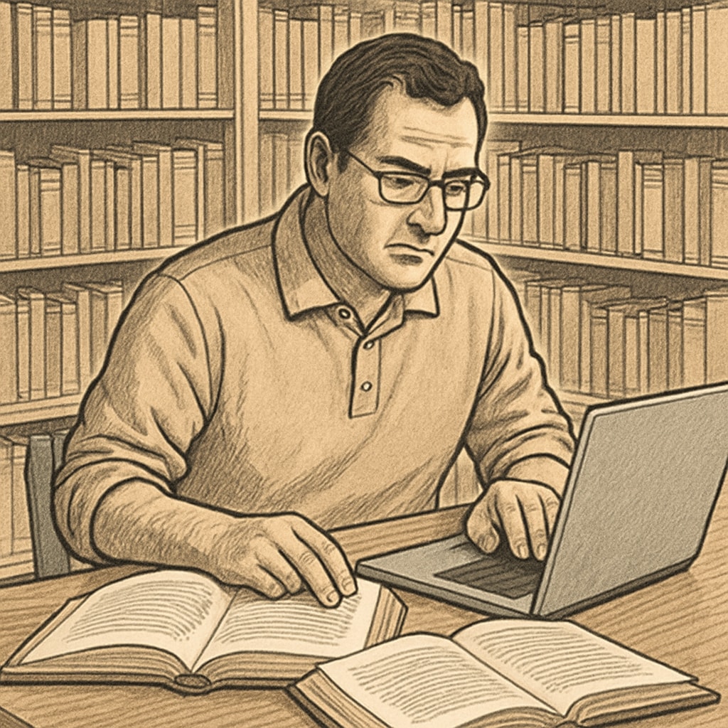 Adult student studying with a laptop and books in a library.