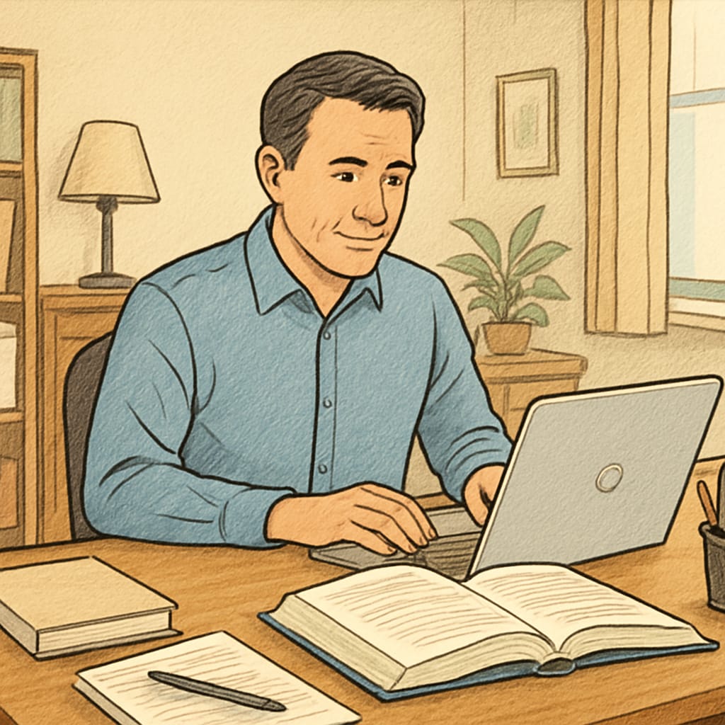 A mid-career professional balancing career and education using a laptop and books.