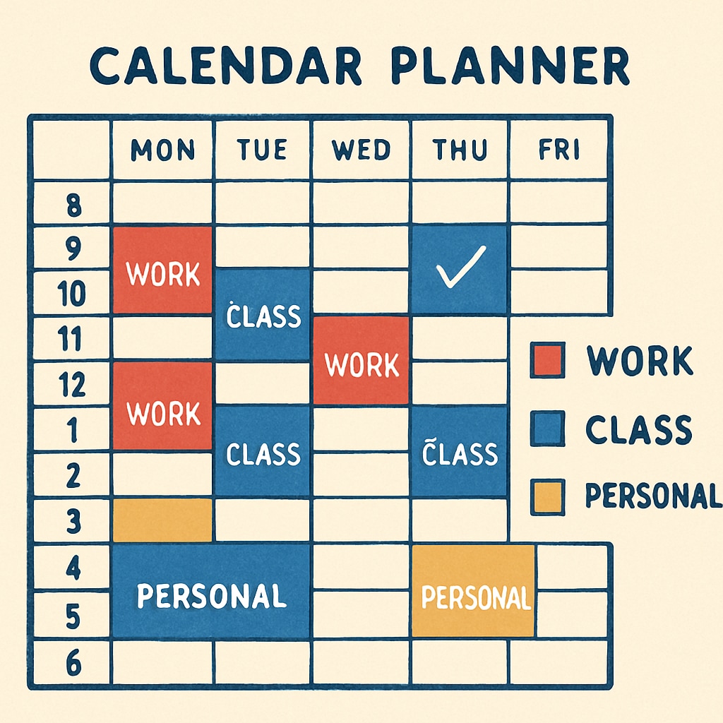 A planner showing scheduled time blocks for balancing career and higher education.