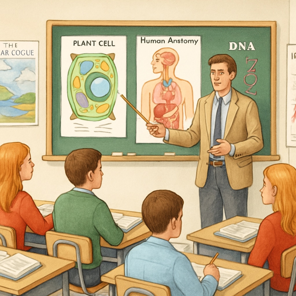 A classroom setting where a teacher explains biology concepts to students using visual aids. A teacher explaining biology concepts in a classroom, illustrating the transition from biology to education.