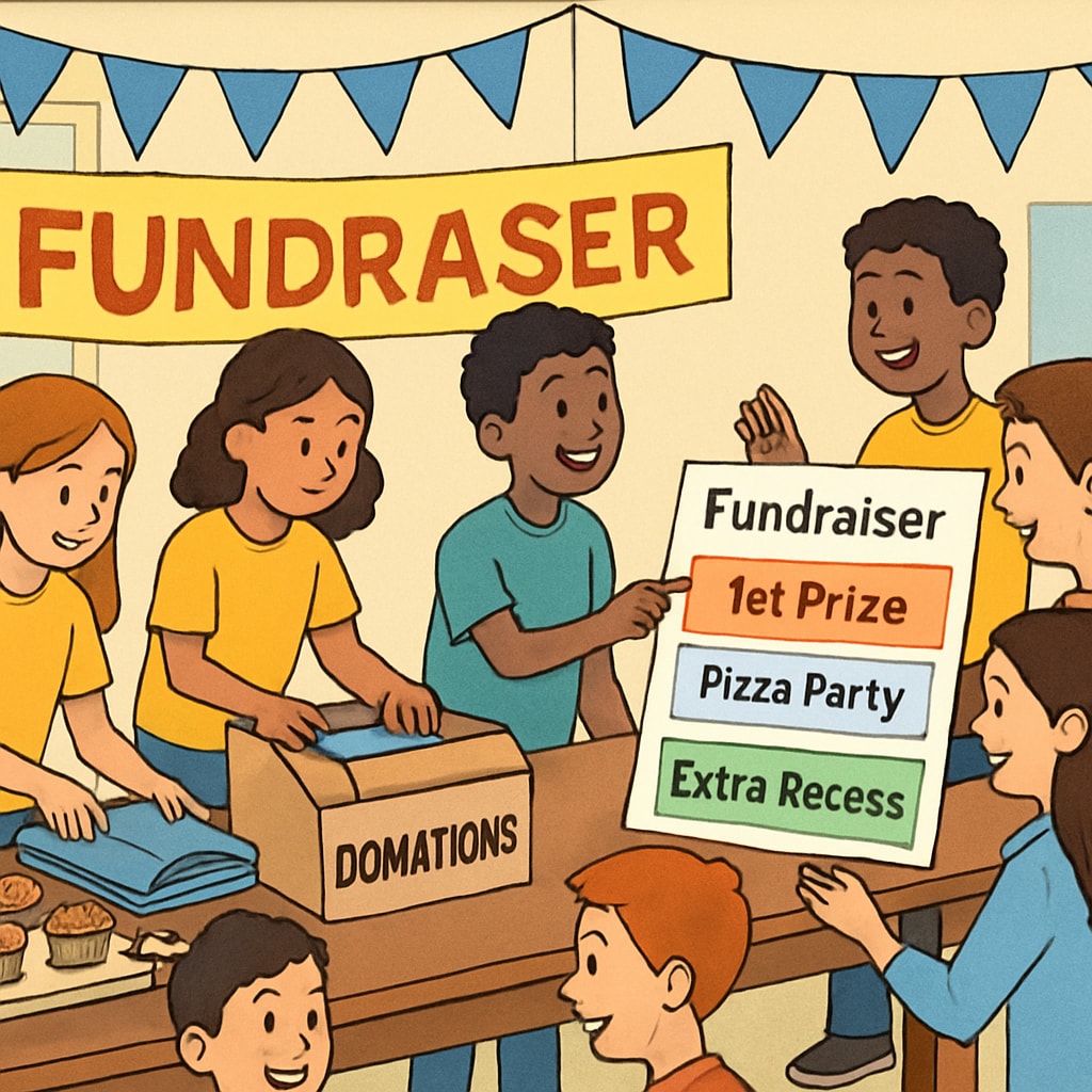 A school event showing students participating in a fundraiser, with visible tiered rewards or privileges. School fundraiser event highlighting donation-based privileges.