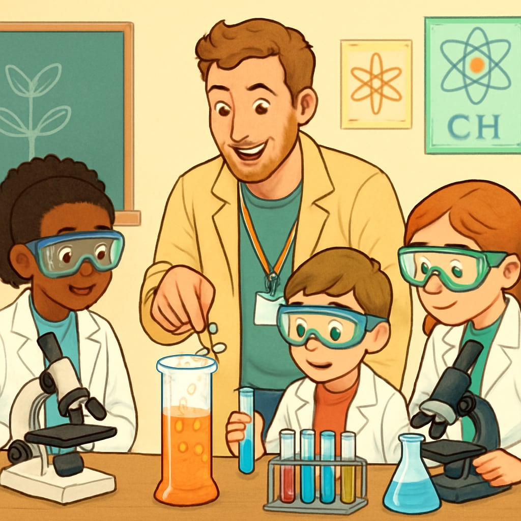 A biology graduate volunteering in a science classroom, engaging with students during a lab activity. A biology graduate teaching students in a science lab, showcasing the practical aspects of transitioning to education.