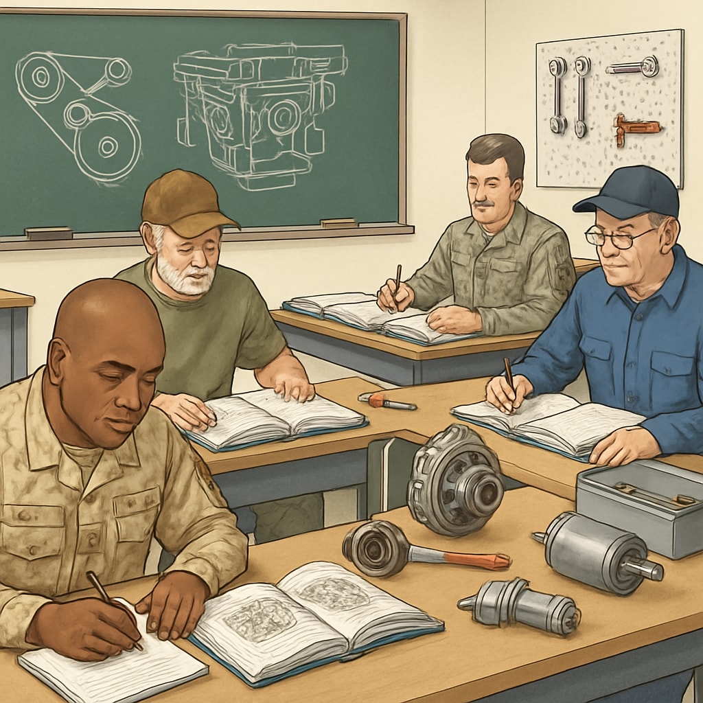 A classroom with veterans studying automotive technology, representing the transition to higher education. Veterans in a classroom studying automotive technology, transitioning to a bachelor's degree.