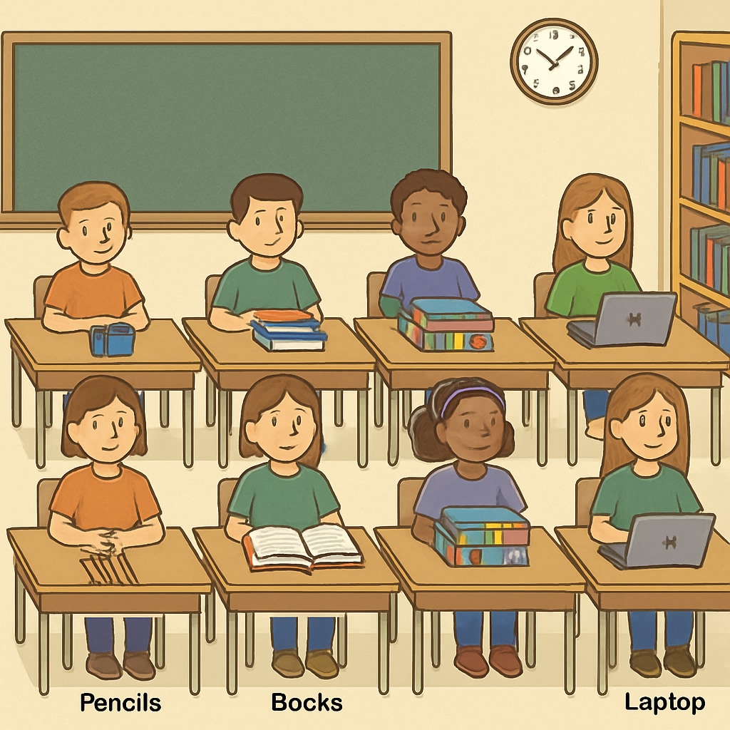 A classroom setting where students are visibly divided into groups based on perks received through tiered donations. Classroom divided by tiered donation rewards.