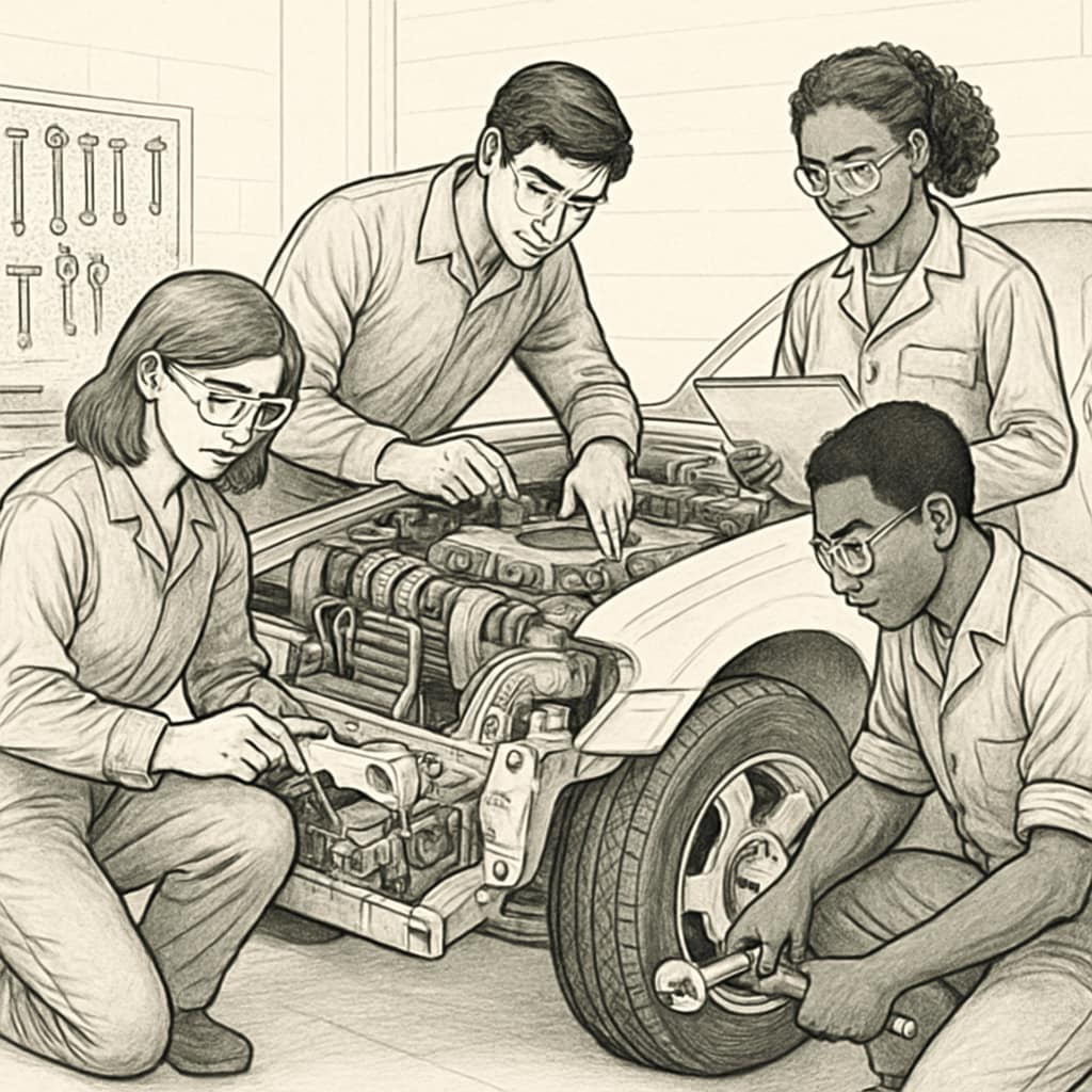 A group of students working on an automotive engineering project, symbolizing hands-on learning in bachelor's programs. Students collaborating on an automotive engineering project during a bachelor's program.