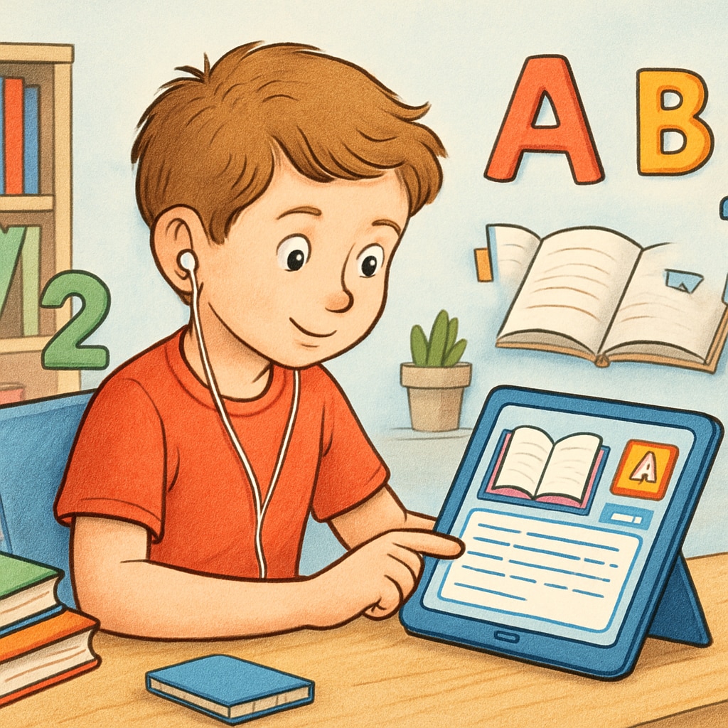 A child using a free digital reading platform for comprehension practice.