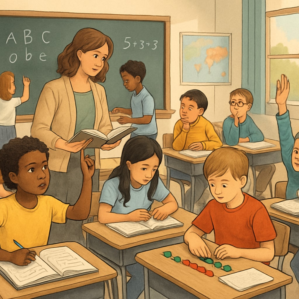 Public school classroom with students learning, representing school voucher impacts.