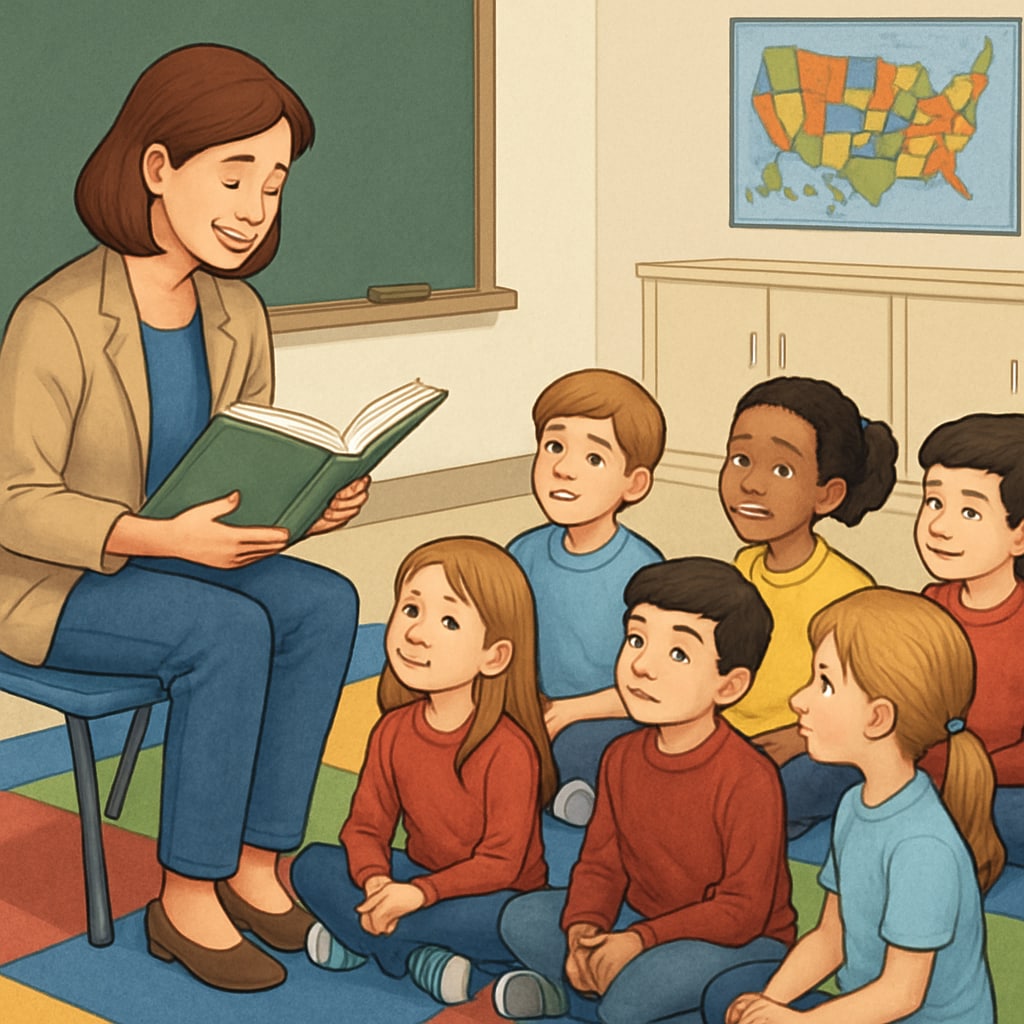 A teacher inspiring love for reading in elementary students by reading aloud.