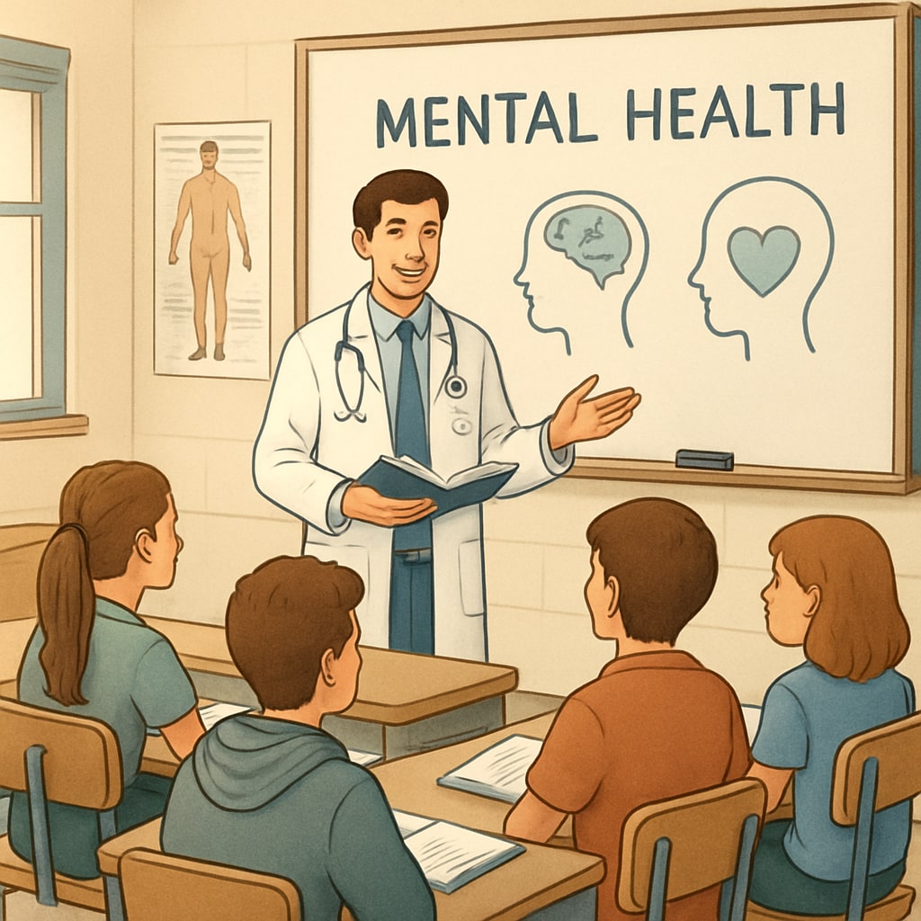 A medical student presenting a mental health lecture to a group of attentive high school students in a classroom setting. Medical student conducting a mental health talk for high school students.