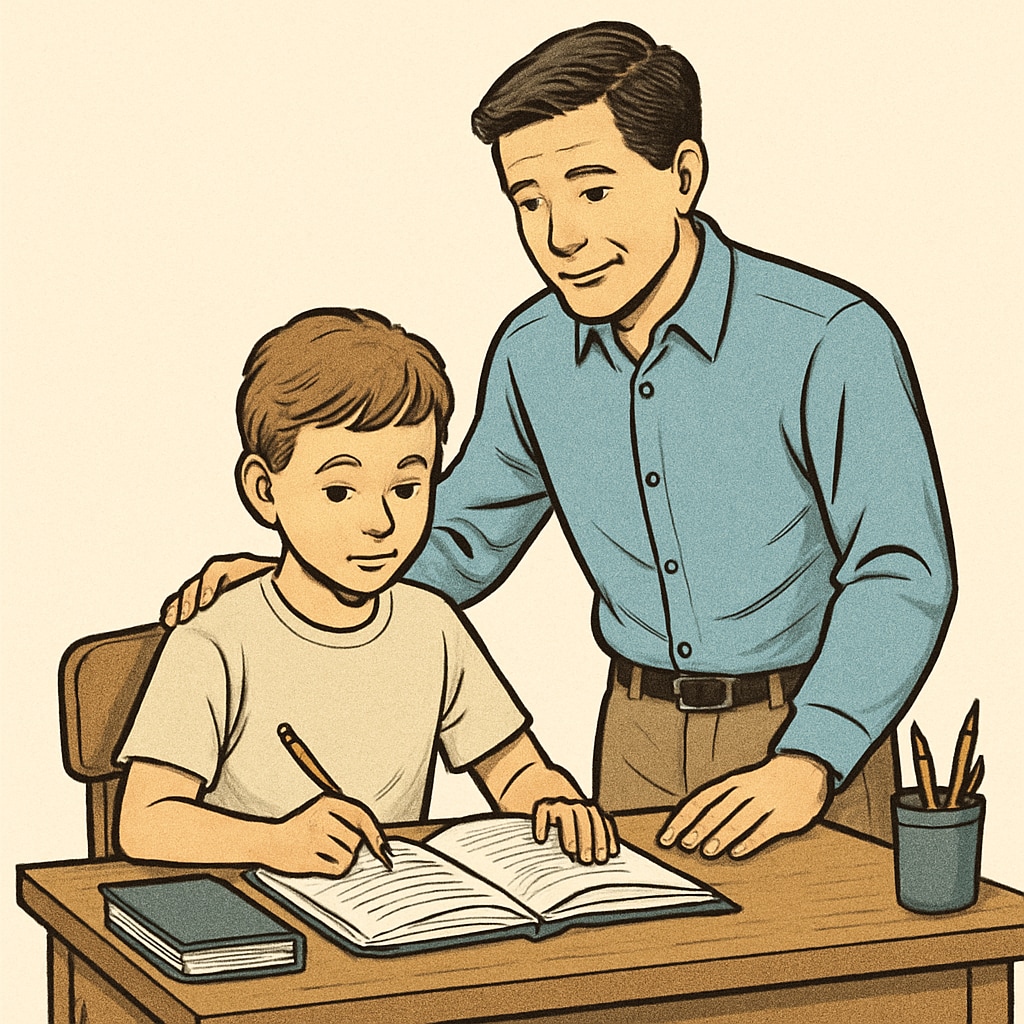 A young boy sitting at a desk with a parent encouraging him to study, symbolizing family education and support. Parent supporting a boy with his studies, emphasizing family education.