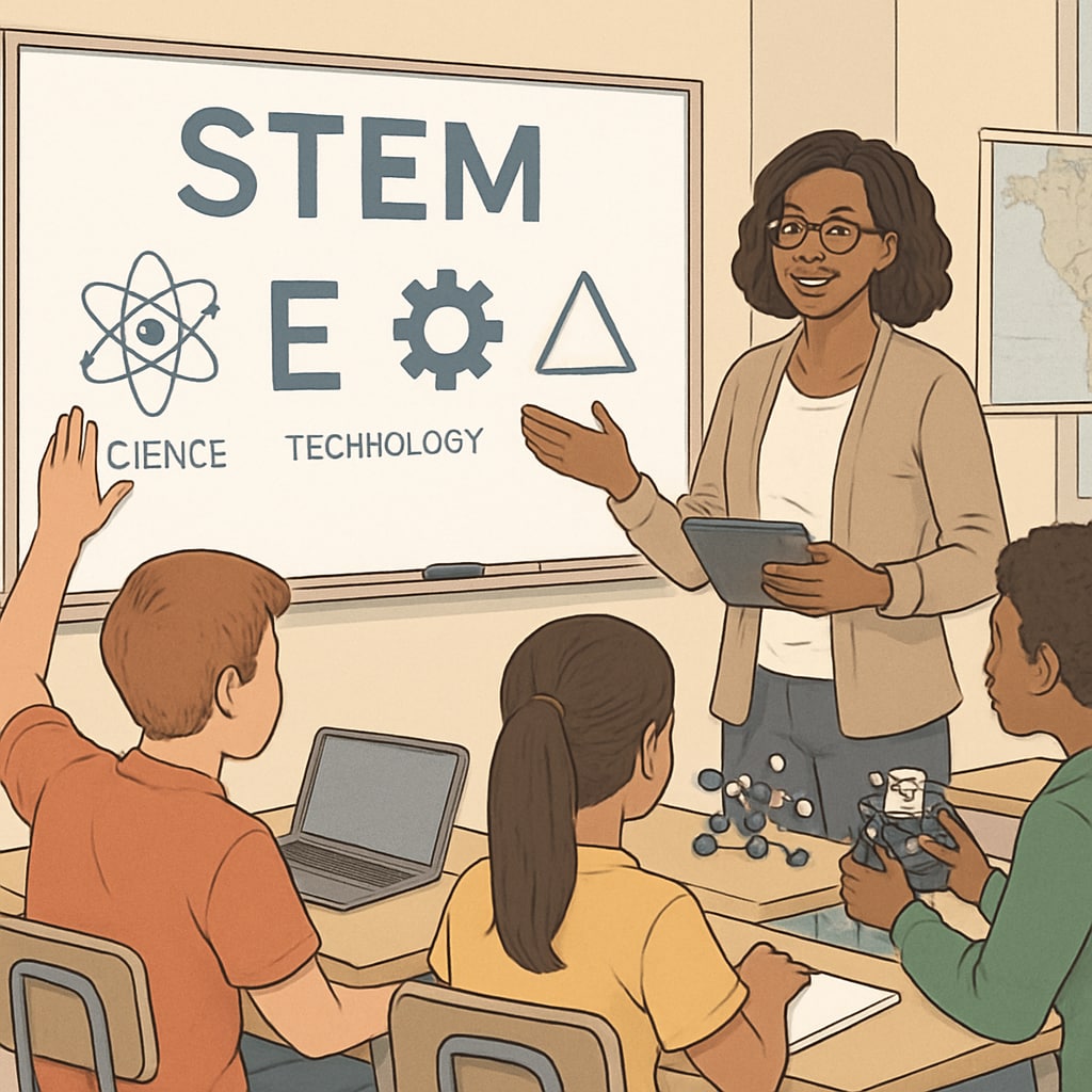 Public school teacher leading a STEM class, highlighting innovative programs.