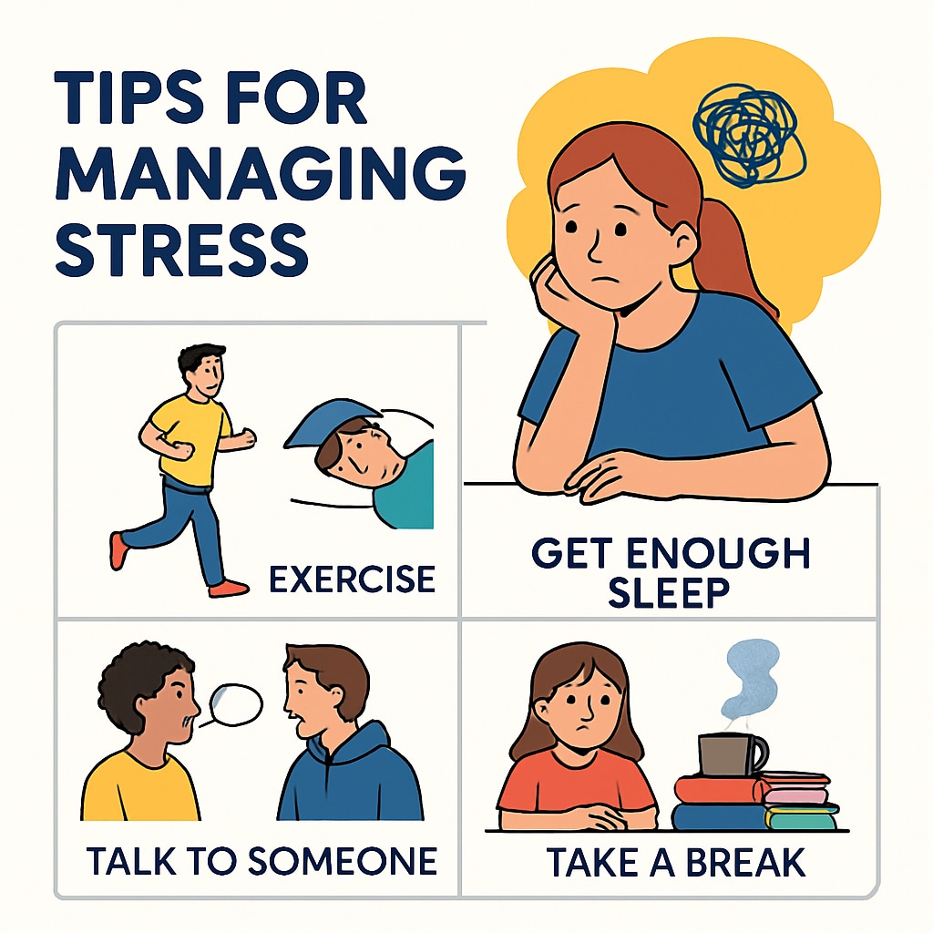 A slide presentation shown during a mental health talk, featuring colorful graphics and tips for managing stress. Presentation slide on coping mechanisms displayed during high school mental health talk.