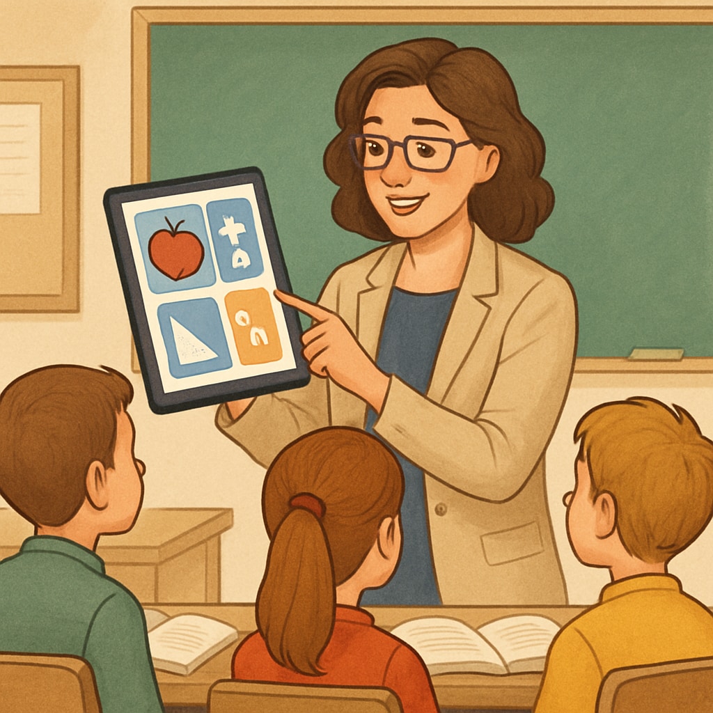 A teacher using a tablet in a classroom setting to introduce an educational app to spark students' interest. Teacher engaging students with an educational app, connecting learning to interests.