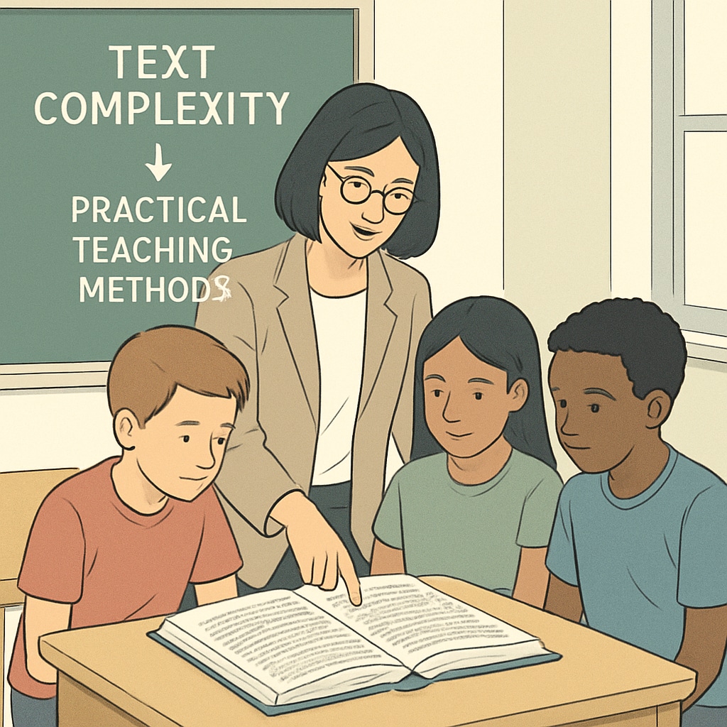A teacher reviewing a complex text with students in a classroom setting, illustrating the connection between text complexity and practical teaching. A teacher explaining a complex text to students, emphasizing reading comprehension and text complexity.