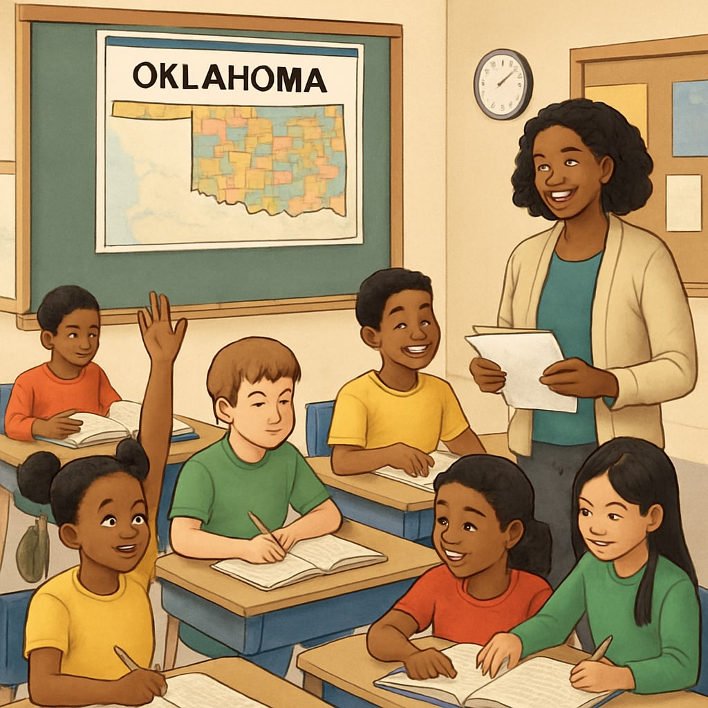 A classroom in Oklahoma with students and a teacher, showcasing diversity in education. Classroom in Oklahoma emphasizing diversity in education.