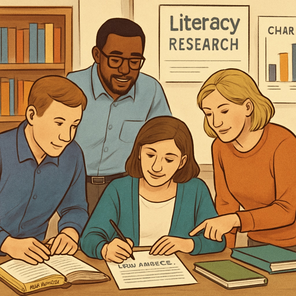 Researchers and teachers collaborating on text analysis during an educational workshop, showcasing the importance of teacher involvement in literacy research. Researchers and teachers working together to analyze text complexity for educational purposes.