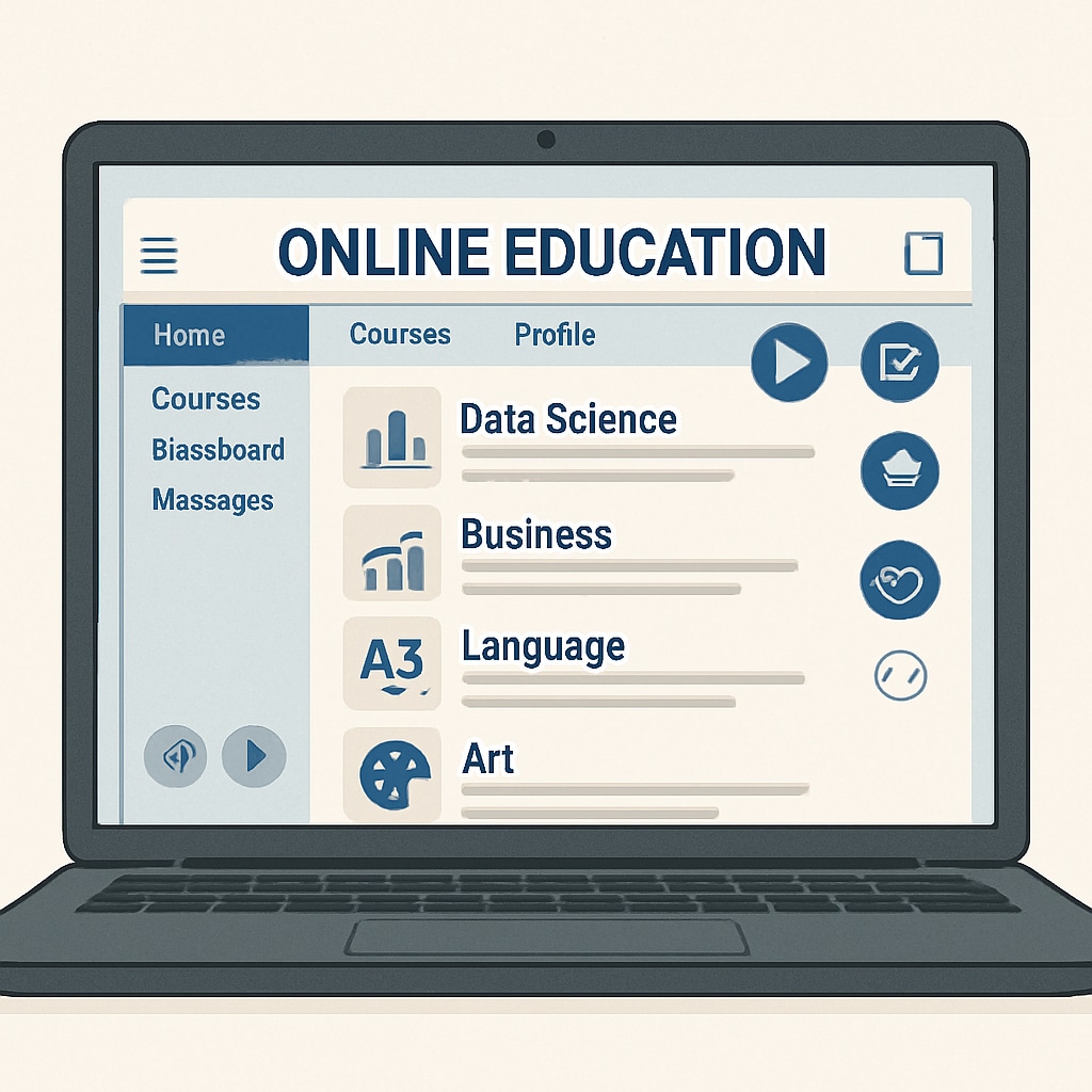 A laptop displaying an online educational platform interface with visible course topics and navigation tools, symbolizing accessible learning opportunities beyond school. Online educational platform for high school students