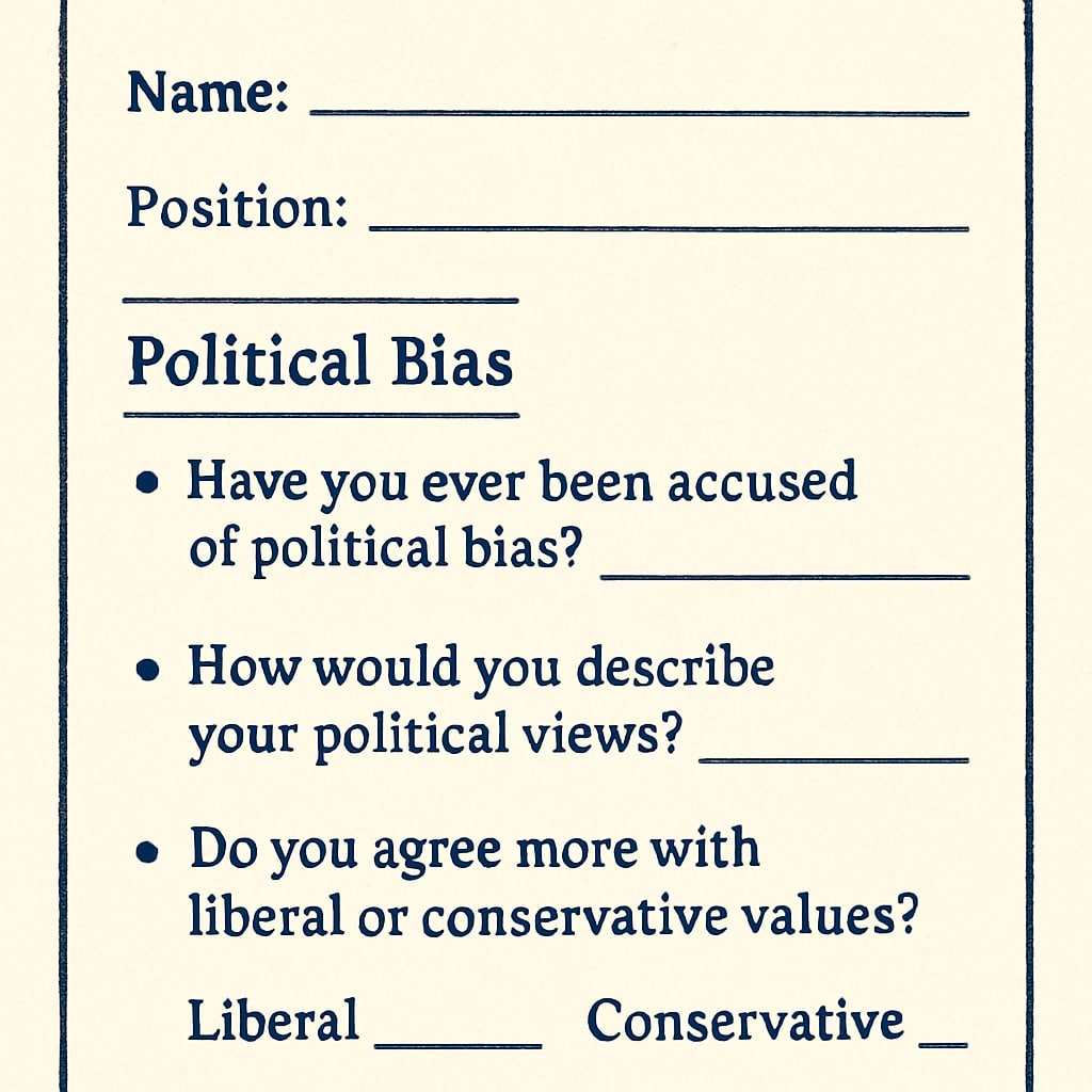 A teacher’s application form, highlighting political bias questions. Teacher application form with political bias test questions.
