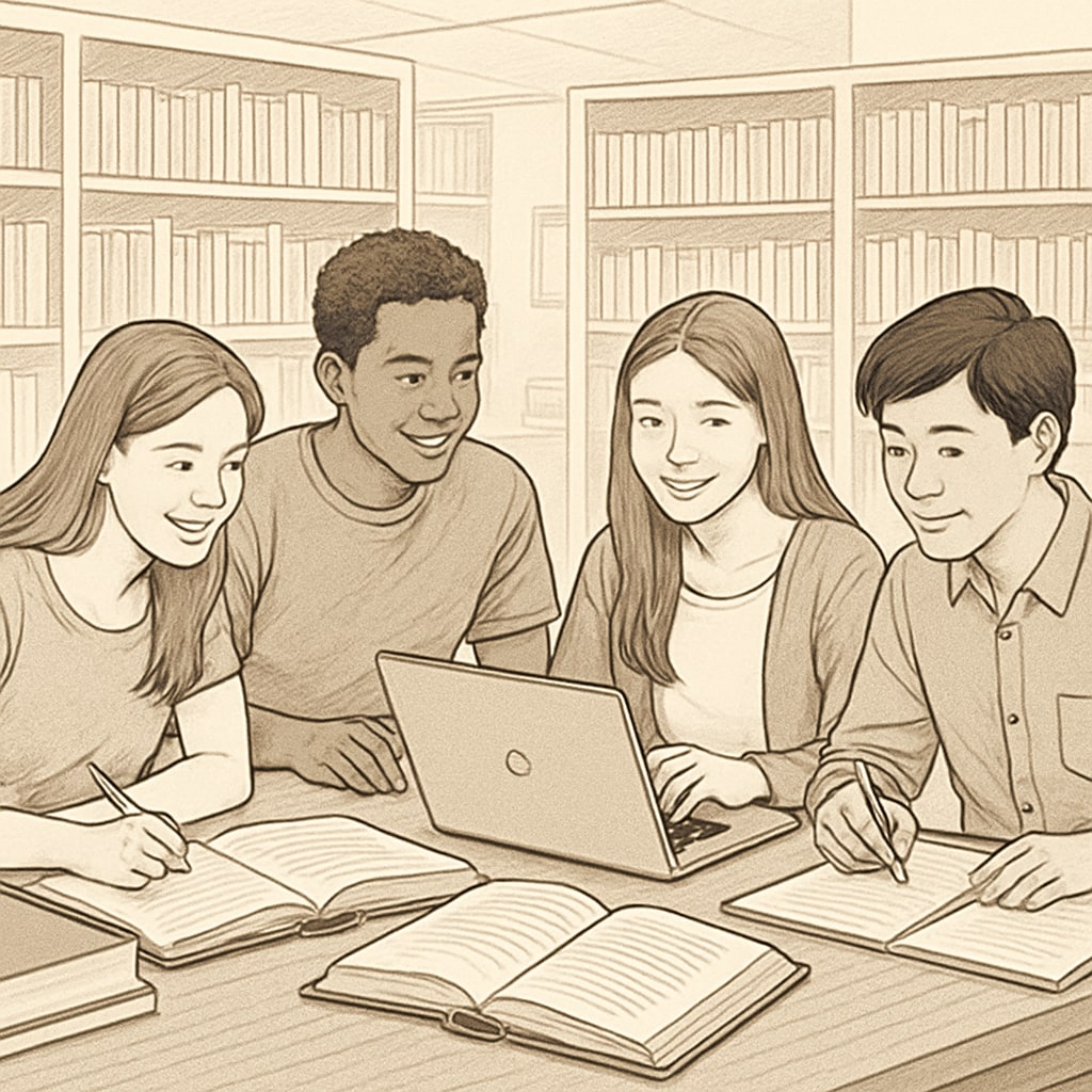 A group of high school students studying together in a local library, surrounded by textbooks, notebooks, and laptops, emphasizing community learning. High school students studying in a local library