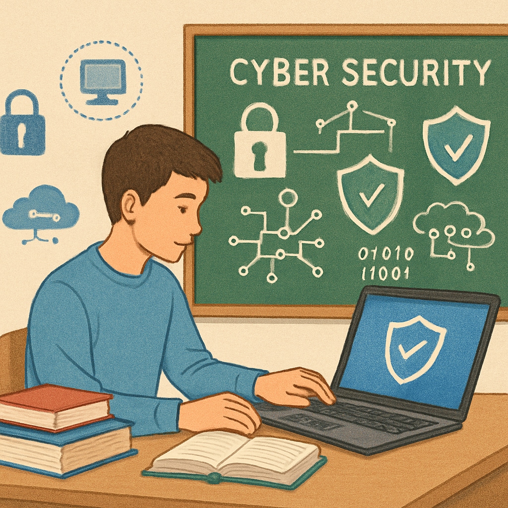 A student working on a cybersecurity project, representing the field of IT education. A student engaged in cybersecurity work, symbolizing IT career exploration.