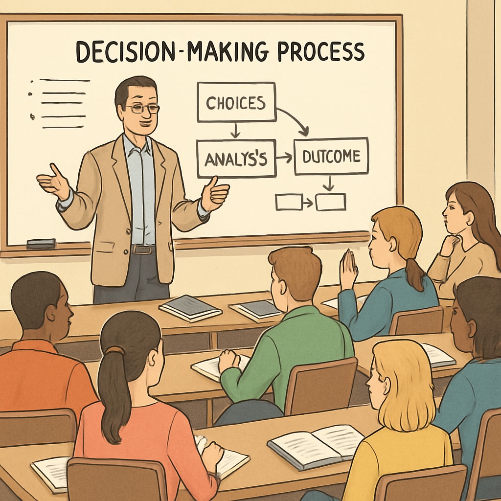 A university classroom with students engaged in a lecture, representing academic decision-making. University students in a classroom discussing grading options and their impact on career goals.