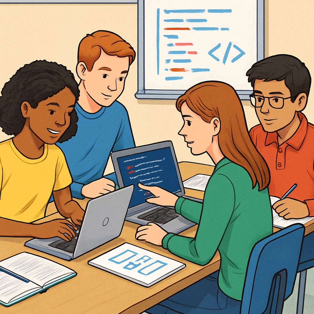 A group of students collaborating on a software development project. Students working on a coding project, illustrating teamwork in IT education.