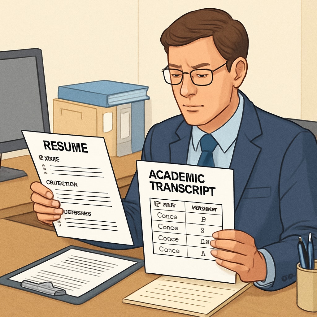 A recruiter analyzing a candidate’s resume and transcript during a job interview, highlighting the importance of academic performance. A recruiter reviewing a candidate’s academic transcript, emphasizing the role of GPA in hiring decisions.