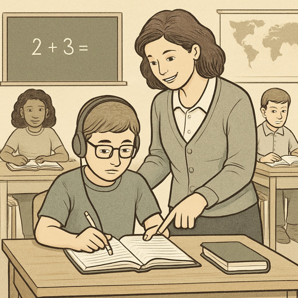 A classroom with a student receiving personalized assistance, representing special educational needs support. Special educational needs student receiving personalized classroom assistance.