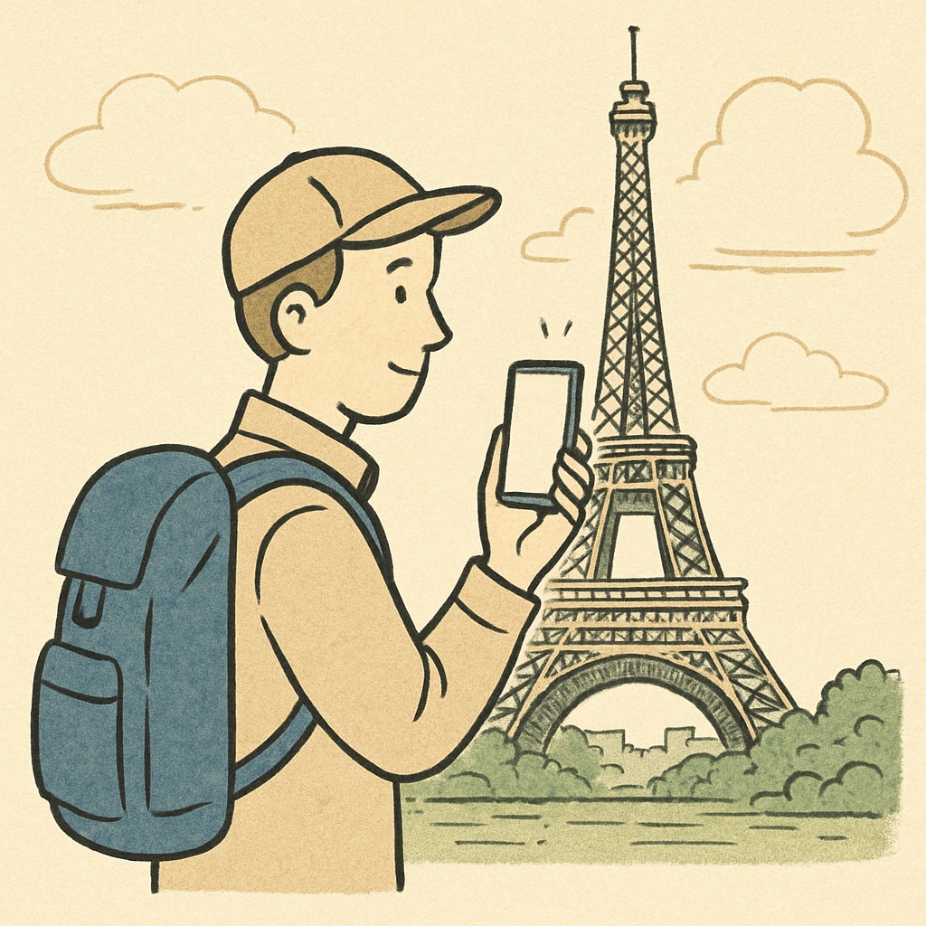 A traveler recording a short video with a smartphone, set against the backdrop of a famous landmark. A traveler creating a short video at a popular tourist destination, highlighting the influence of user-generated content.