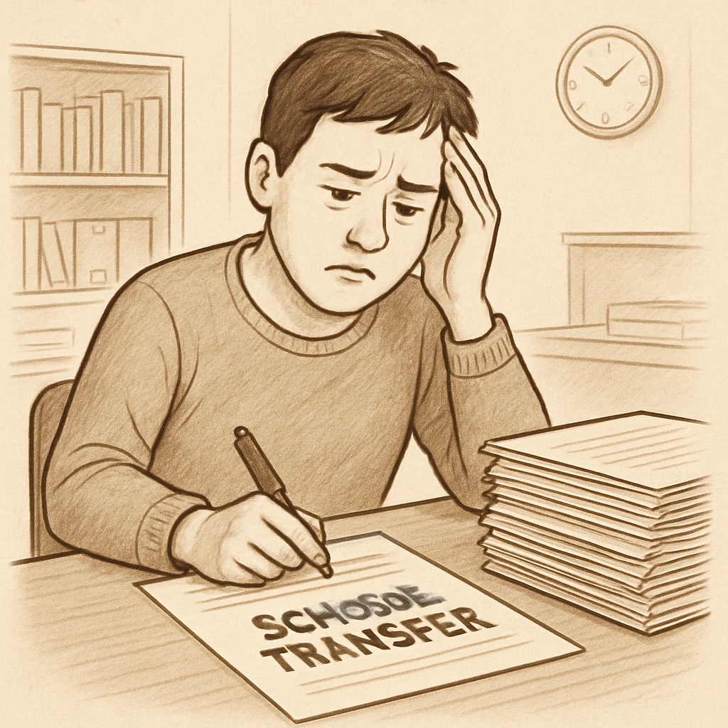 A frustrated parent filling out school transfer paperwork, symbolizing administrative delays in SEN applications. Parent struggling with paperwork for special educational needs school transfer.