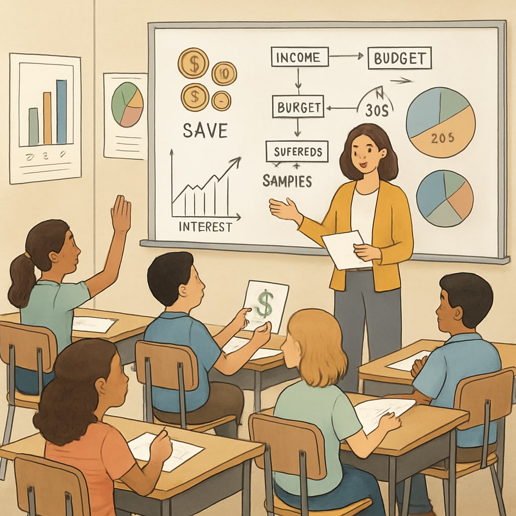 A classroom setting where students are engaged in a financial literacy workshop, with graphs and charts on display. Financial literacy workshop in a classroom setting