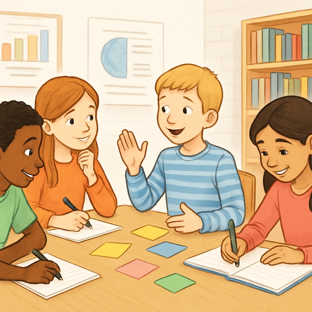 A group of children aged 8-14 brainstorming ideas with notebooks and colorful sticky notes. Children brainstorming ideas during a free business education course.