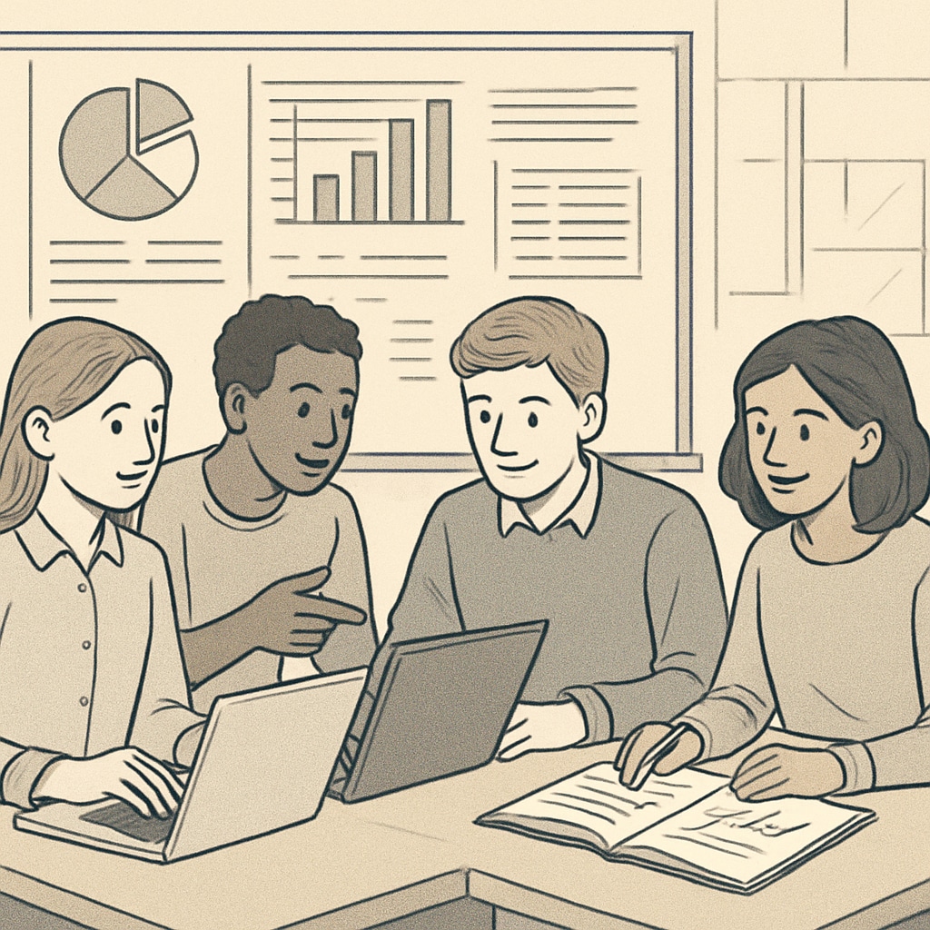 A student group working on a business analysis project, with laptops and whiteboards displaying charts and data. Students collaborating on a business analysis project