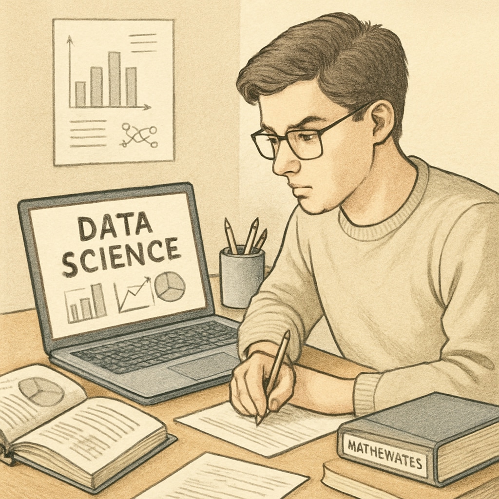 A student studying data science concepts on a laptop, representing preparation for US college applications. A student preparing for data science college applications by studying on a laptop.