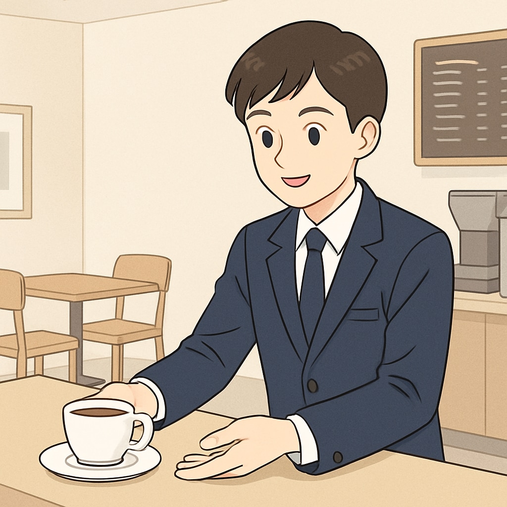 A high school student working part-time at a local café, serving customers while wearing a school uniform. High school student working part-time at a café, balancing work and academics.