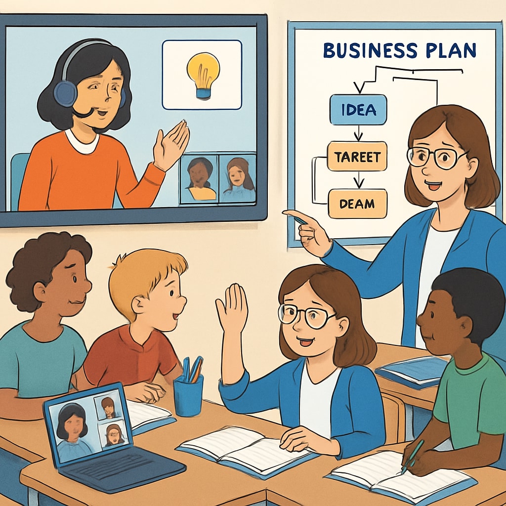 A virtual classroom setting where children and mentors engage in a collaborative business planning session. Virtual classroom for free youth business education courses.