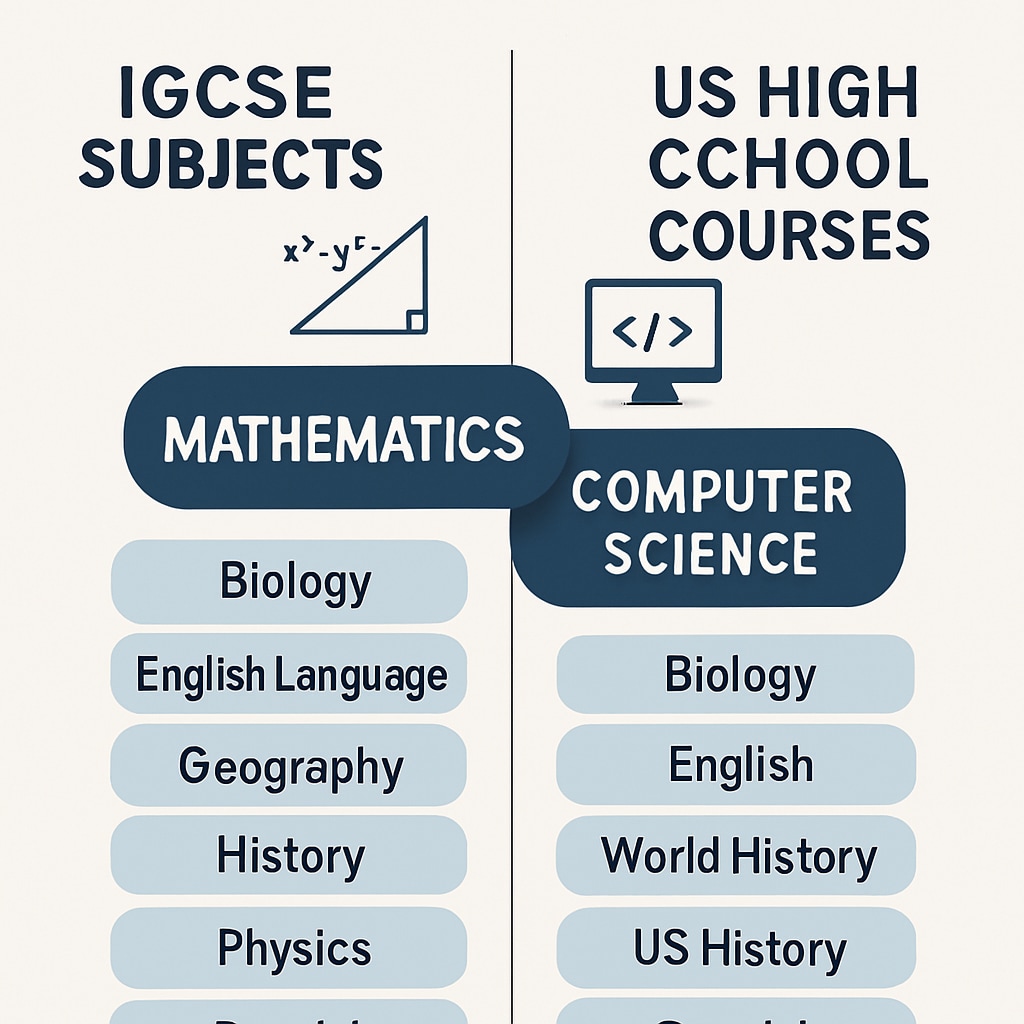 A visual comparison of IGCSE subjects with US high school courses, emphasizing the importance of mathematics and computer science. Comparison chart showing IGCSE and US high school subjects relevant to data science.