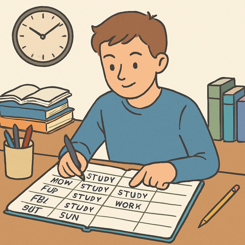 A student using a planner to organize study time and part-time work shifts. High school student organizing study and work time to balance part-time job and academics.